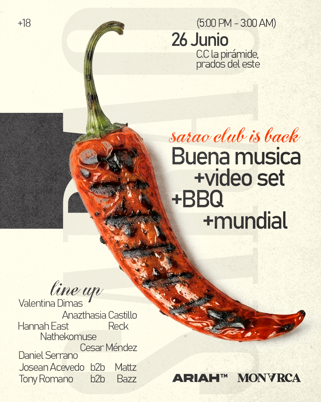 Flyer oficial de SARAO XVII — Viernes 26 de Junio 2026, C.C La Pirámide, Prados del Este, 5:00 PM a 2:00 AM